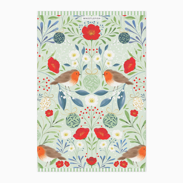 Christmas Tea Towel-XM25TT - Berry & Rose Robin Tea Towel-Whistlefish