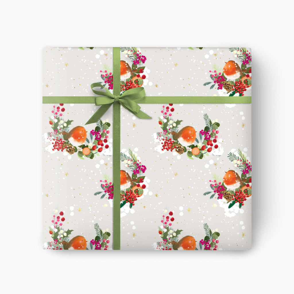 Christmas Wrapping Paper-CWP038 - Robin & Foliage Christmas Wrapping Paper-Whistlefish
