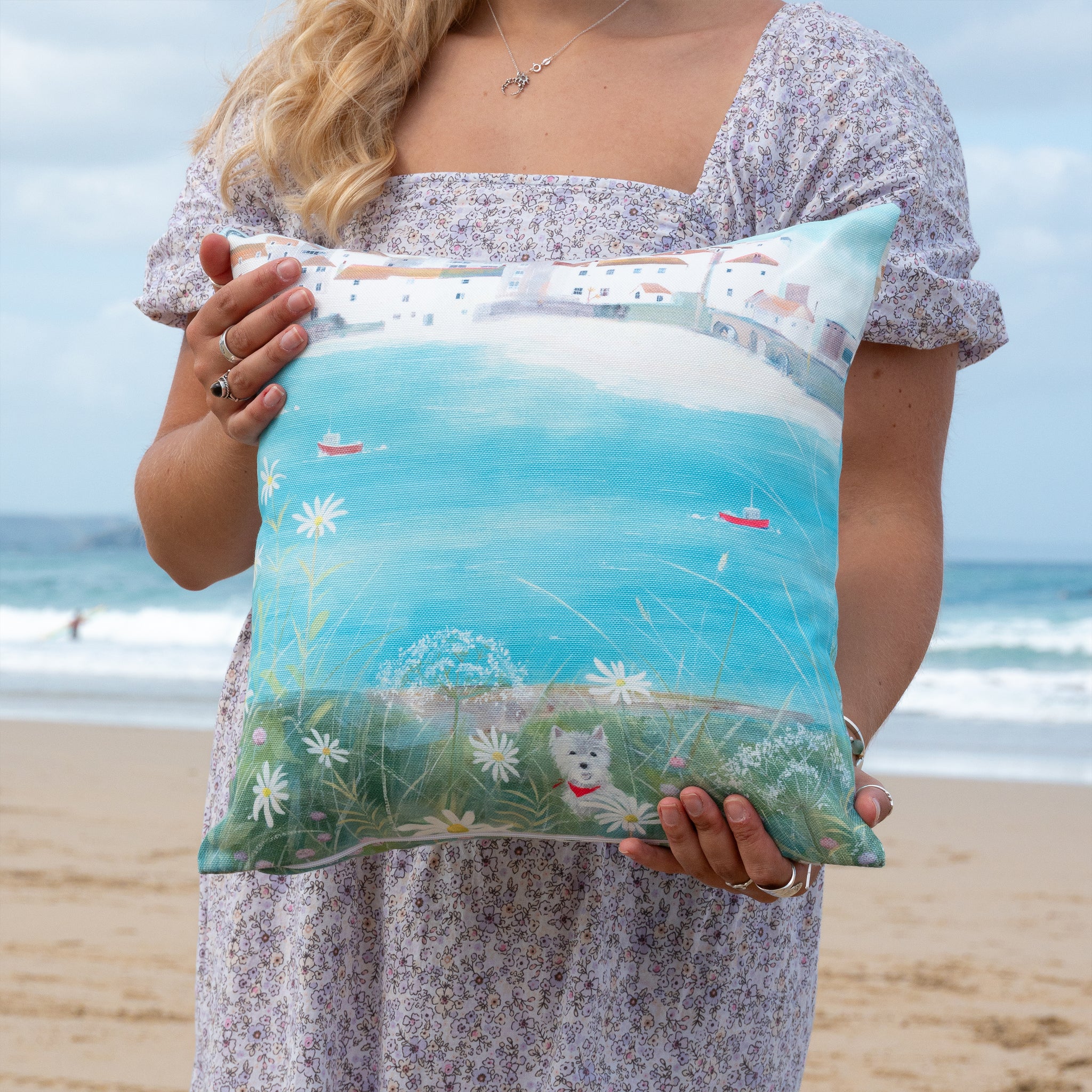 Cushion-WCU44 - Hannah Cole Westie watching St Ives Cushio-Hannah Cole