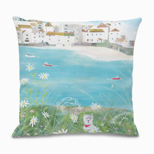 Cushion-WCU44 - Hannah Cole Westie watching St Ives Cushion-Hannah Cole