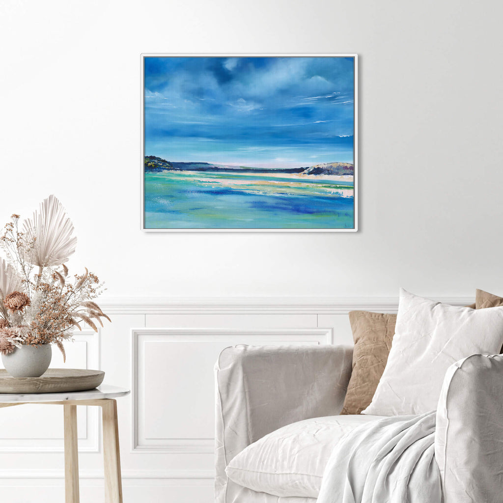 Canvas-ICC88F - Blue Waters, Daymer Beach Framed Canvas-Whistlefish