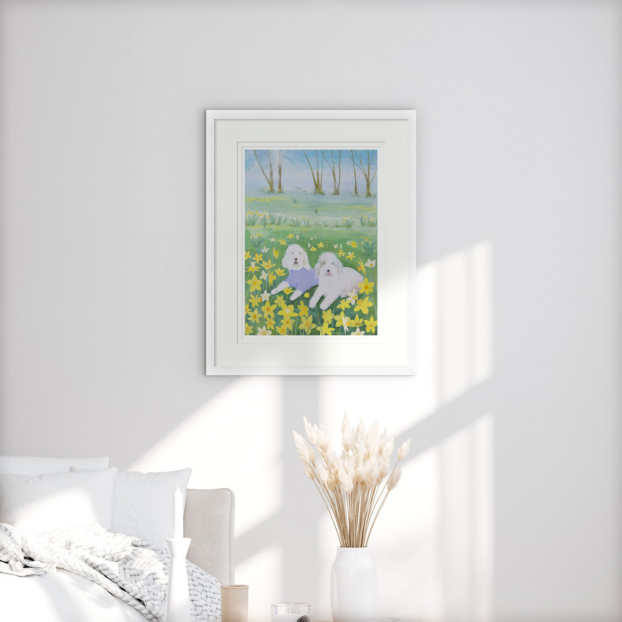 Framed Print-HC363LF - Dogs in the Daffodils Large Framed Print-Hannah Cole
