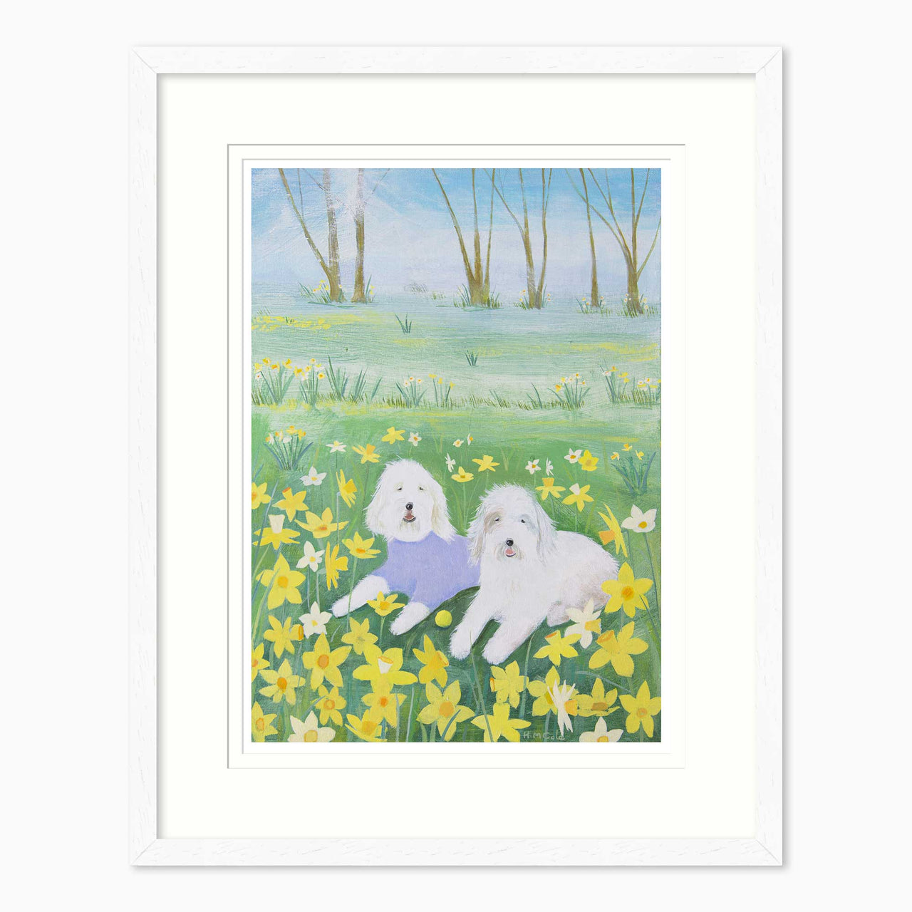 Framed Print-HC363LF - Dogs in the Daffodils Large Framed Print-Hannah Cole