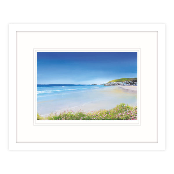 Framed Print-IC186F - Crantock Beach Sea Pinks Framed Print-Whistlefish