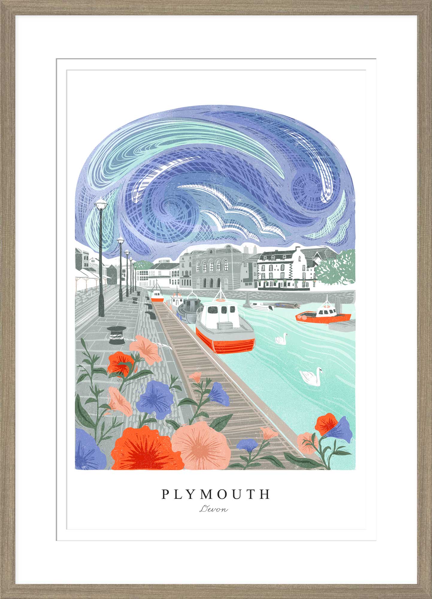 Plymouth Arched Lino Small Framed Print - Whistlefish