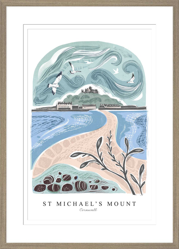 Framed Print - WF1007F - St Michael's Mount Small Lino Framed Pr. - St Michael's Mount Small Lino Framed Pr. - Whistlefish