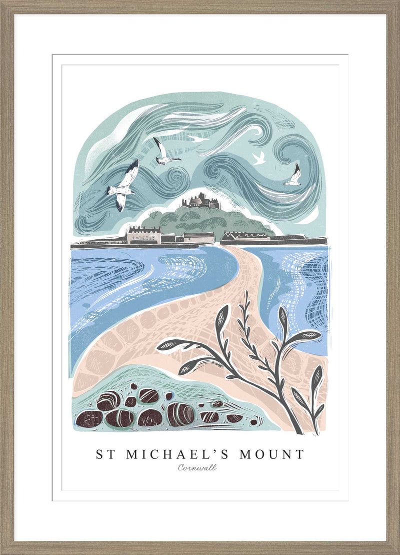 Framed Print - WF1007F - St Michael's Mount Small Lino Framed Pr. - St Michael's Mount Small Lino Framed Pr. - Whistlefish