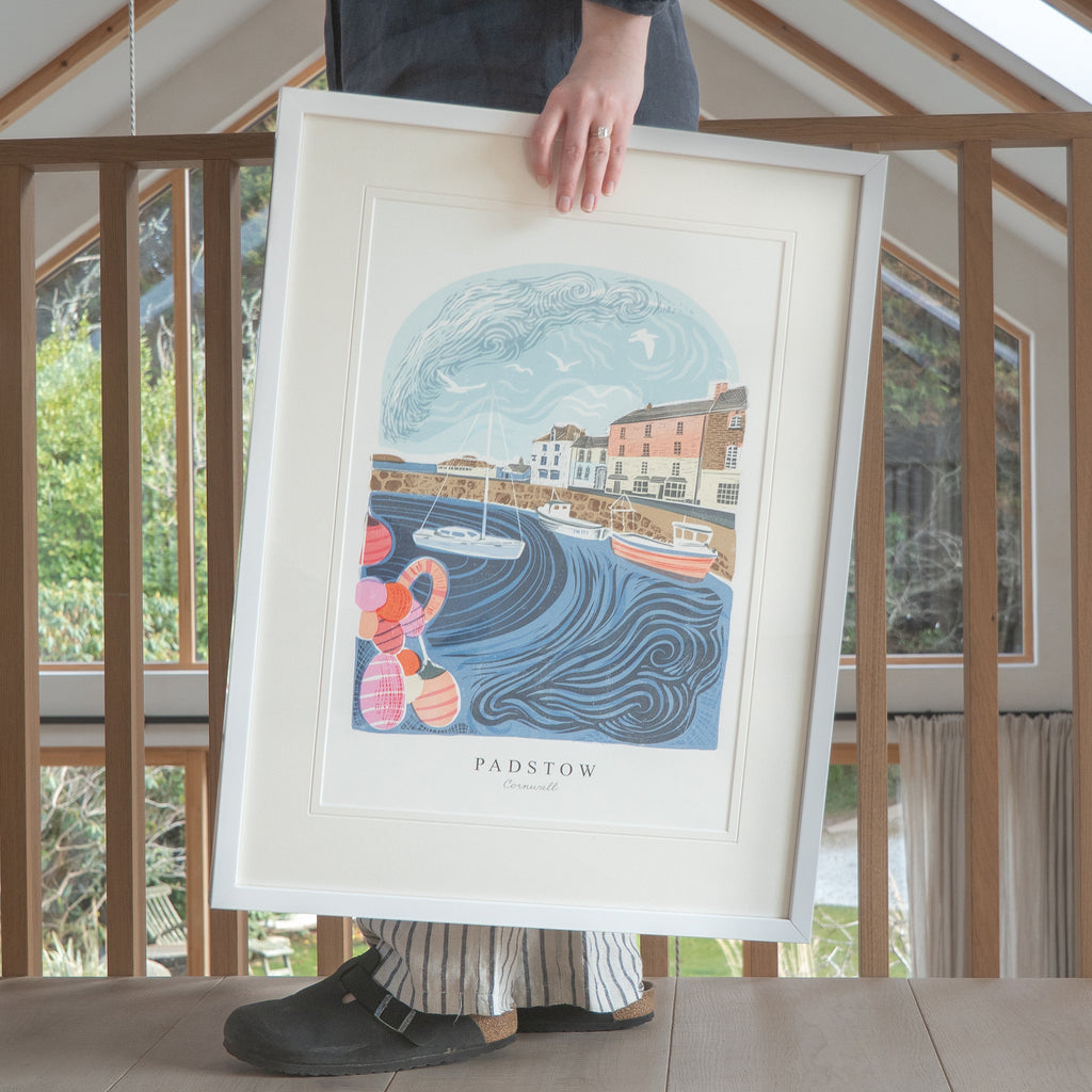 Framed Print-WF1049F - Padstow Lino Large Framed Print-Whistlefish
