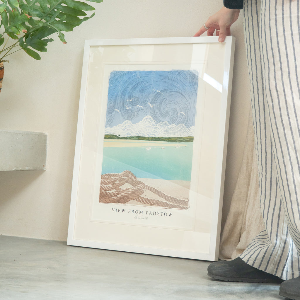 Framed Print-WF1060F - View From Padstow Lino Large Framed Pr.-Whistlefish