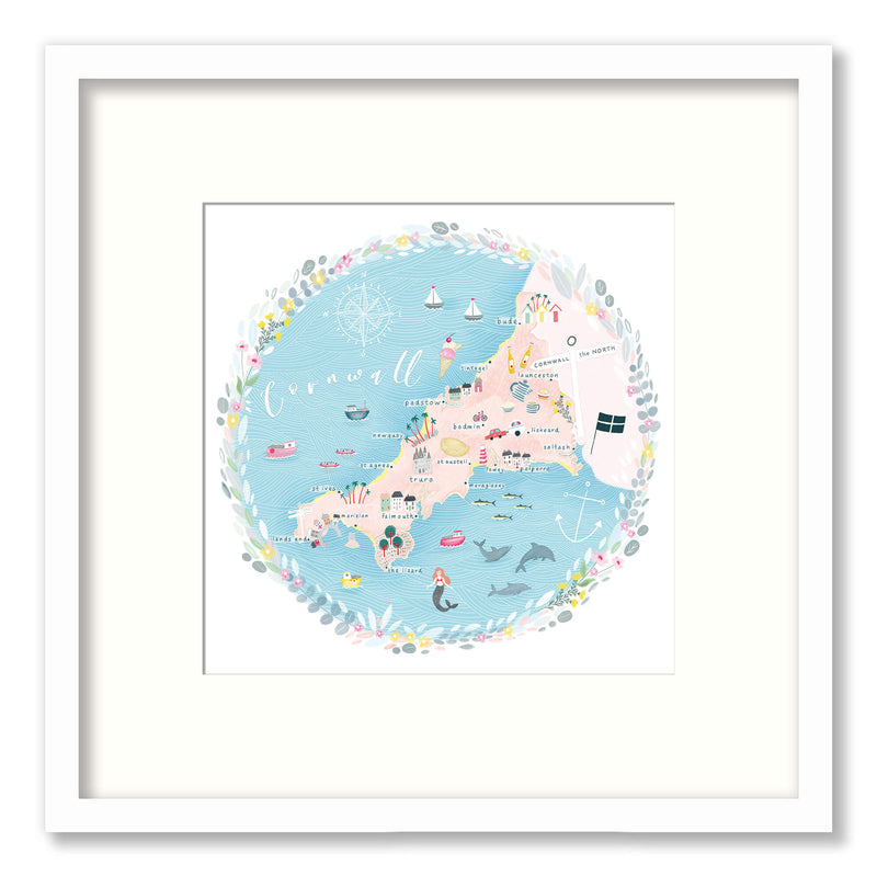 Framed Print-WF689F - Cornwall Map Mini Square Framed Print-Whistlefish