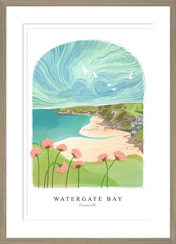 Framed Print - WF959F - Watergate Bay Arched Lino Framed Print - Watergate Bay Arched Lino Large Framed Print - Whistlefish
