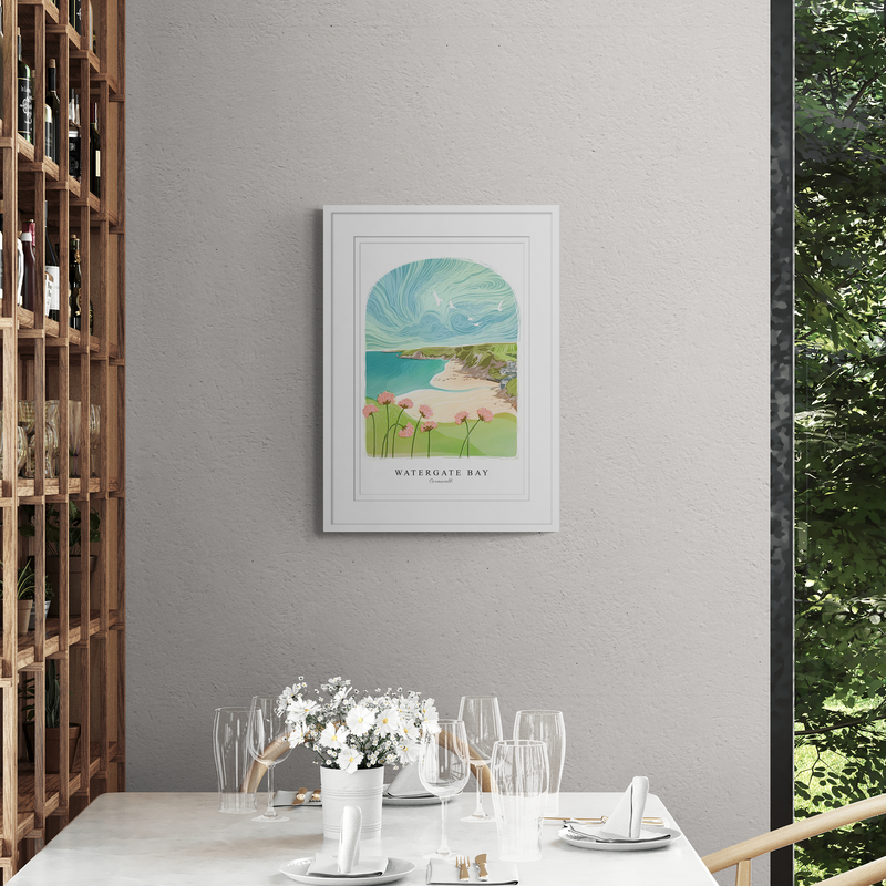 Framed Print - WF959WHF - Watergate Bay Arched Lino Framed Print - Watergate Bay Arched Lino Framed Print - Whistlefish