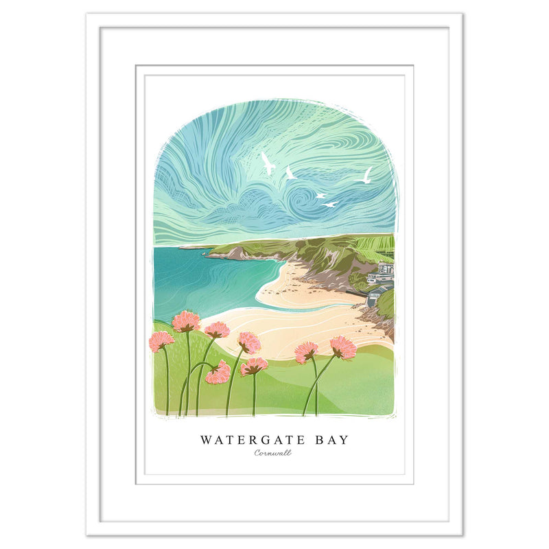 Framed Print - WF959WHF - Watergate Bay Arched Lino Framed Print - Watergate Bay Arched Lino Framed Print - Whistlefish