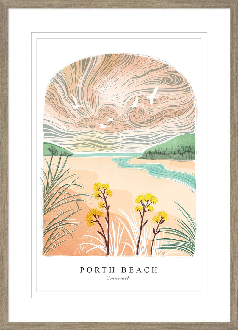Framed Print - WF975F - Porth Beach Archd Lino Framed Print - Porth Beach Arched Lino Framed Print - Whistlefish