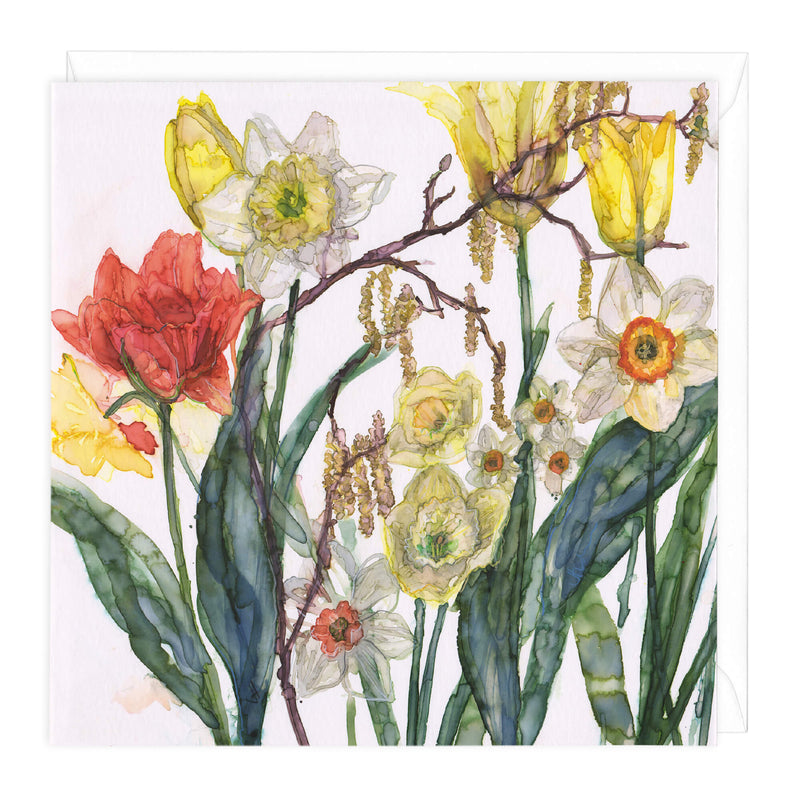 Greeting Card-B722 - Daffodils and Catkins Floral Art Card-Whistlefish
