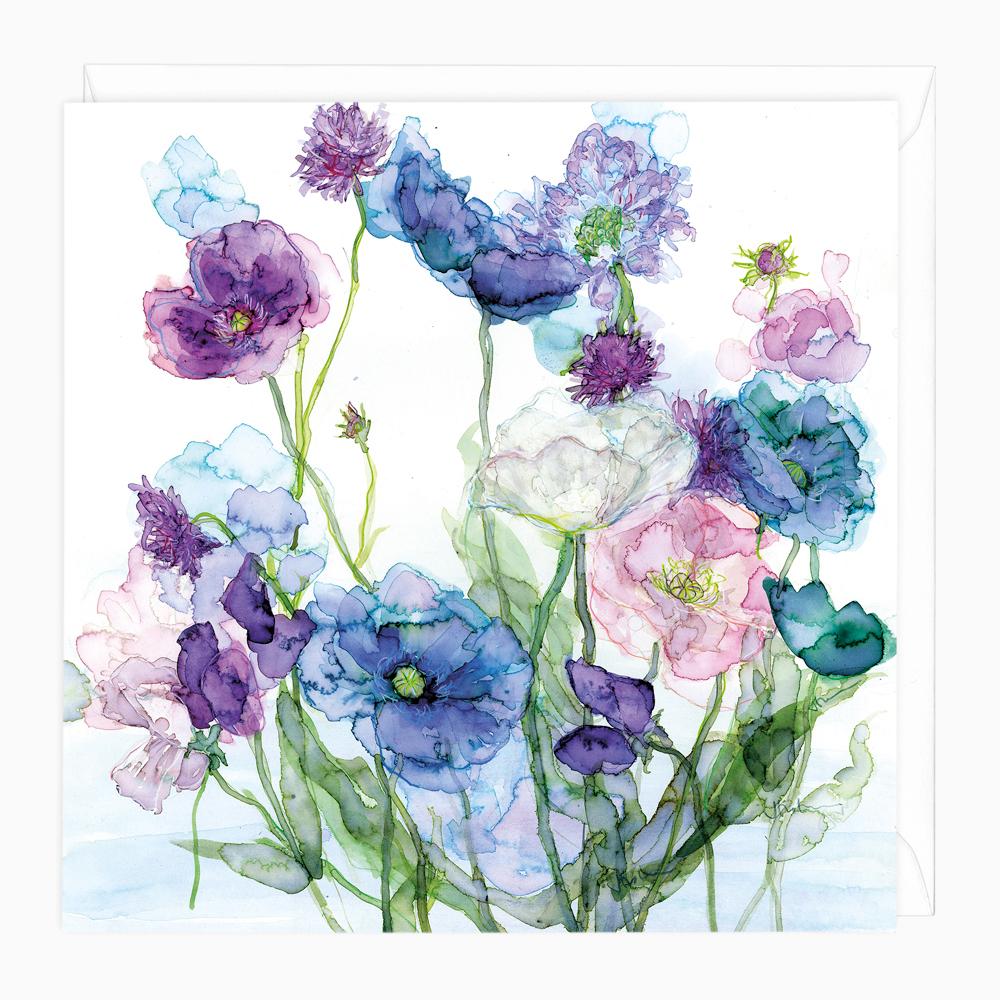 Greeting Card-C390 - Blue Poppies & Sweet Peas Floral Art Card-Jess Trotman