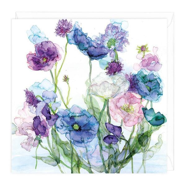 Greeting Card-C390 - Blue Poppies & Sweetpeas Floral Card-Whistlefish