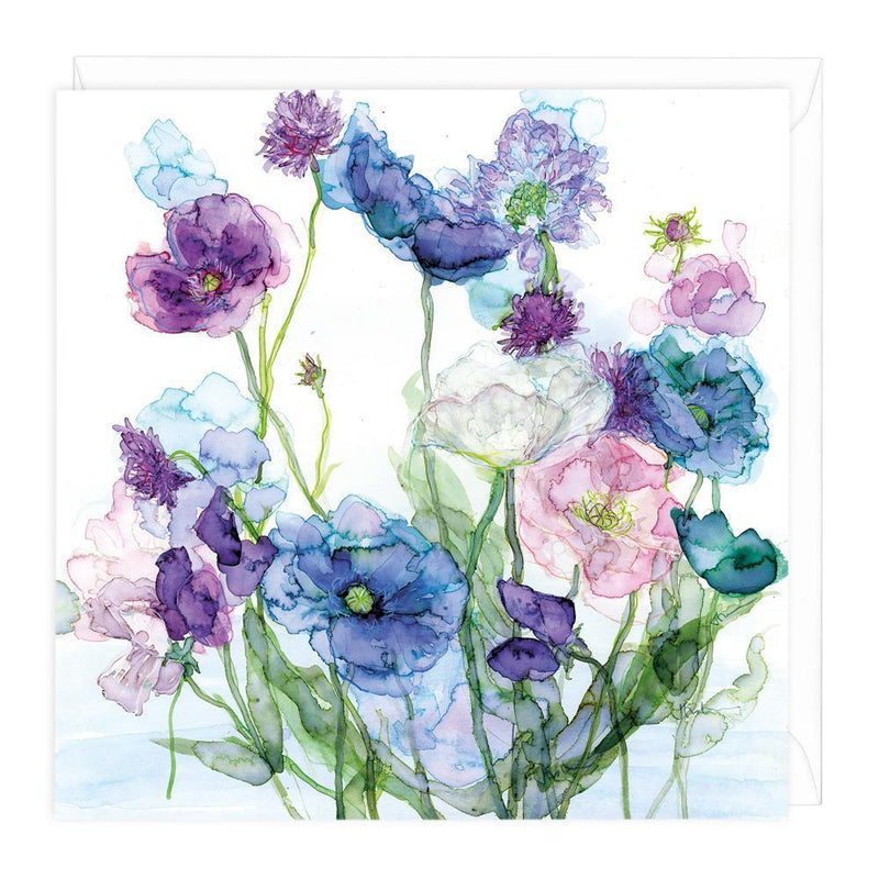 Greeting Card-C390 - Blue Poppies & Sweetpeas Floral Card-Whistlefish
