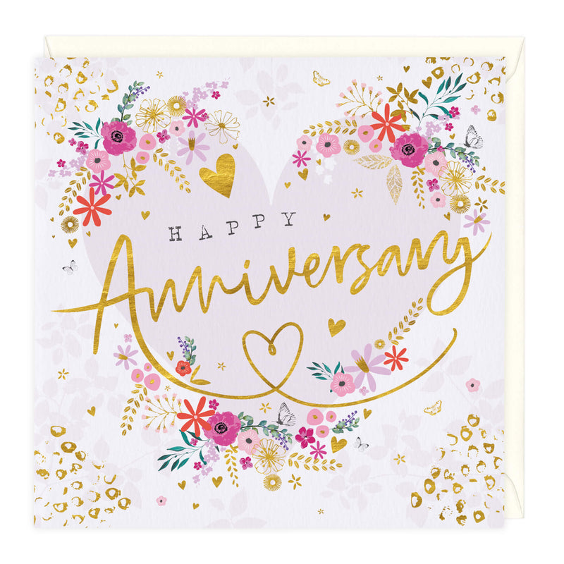 Happy Wedding Anniversary Card with Gold Frame and Hearts. Parents
