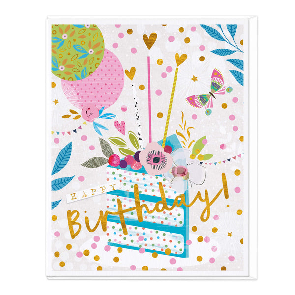 Greeting Card-D835 - Balloons, Cake & Butterflies Birthday Card-Whistlefish