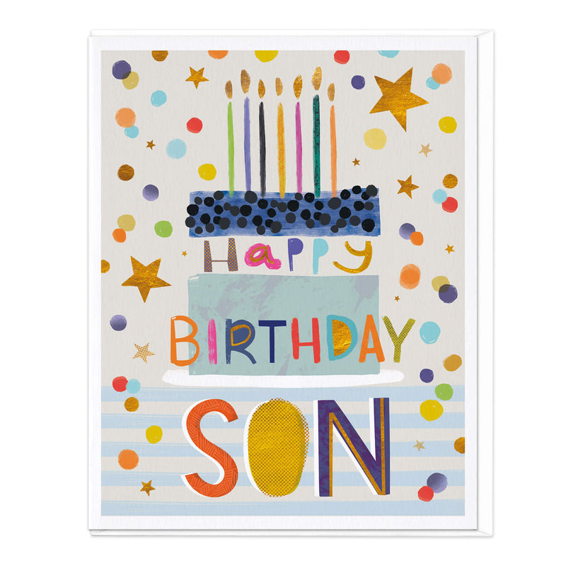 Greeting Card-D838 - Cake, Stars and Confetti Son Birthday Card-Whistlefish