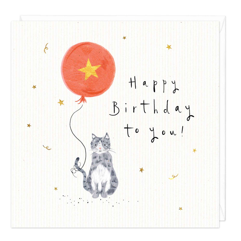 Greeting Card-E071 - Cat and Balloon Happy Birthday To You Card-Whistlefish