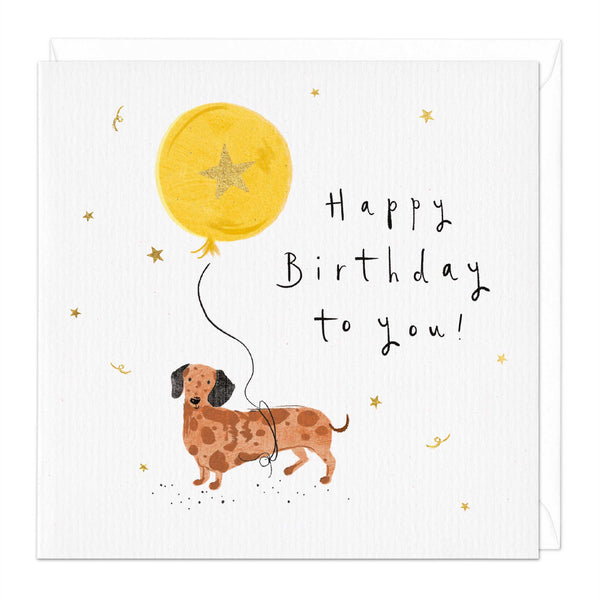 Greeting Card-E072 - Dachsund & Balloon Happy Birthday Card-Whistlefish