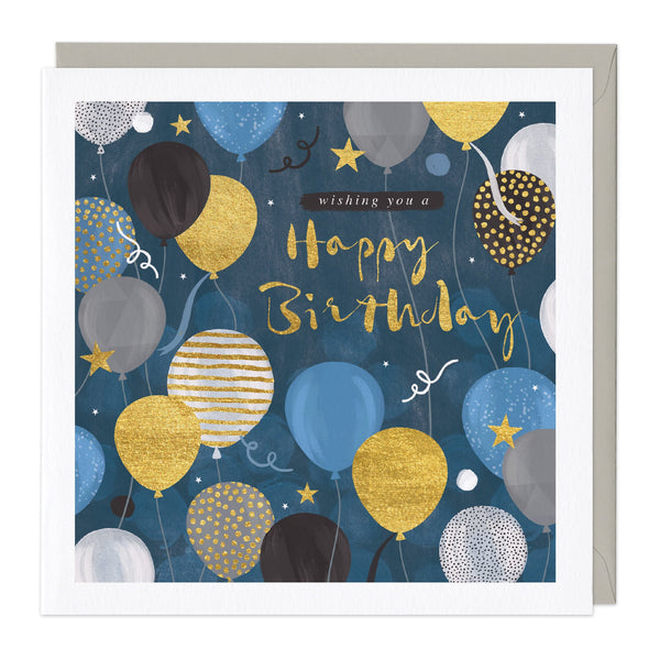 Greeting Card-E111 - Blue and Gold Birthday Balloons-Whistlefish
