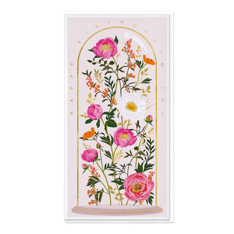 Greeting Card-E119 - Happy Birthday Gold arch Peonies-Whistlefish