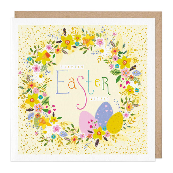 Greeting Card - E134 - Easter Wishes Egg Wreath Card - Easter Wreath Yellow - Greetings Cards - Whistlefish