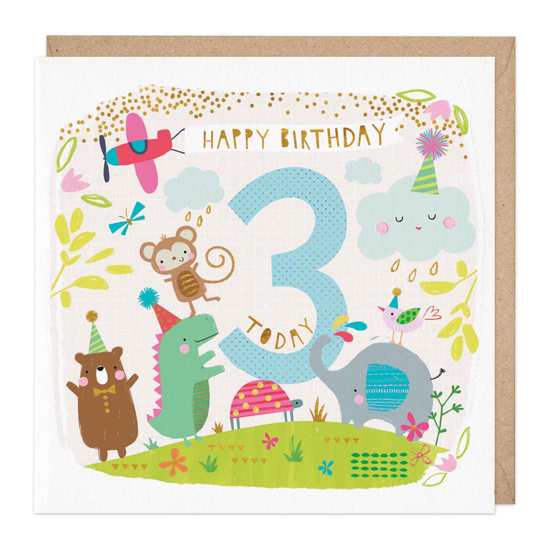 Greeting Card-E137 - Children's Third Birthday Animals Card-Whistlefish