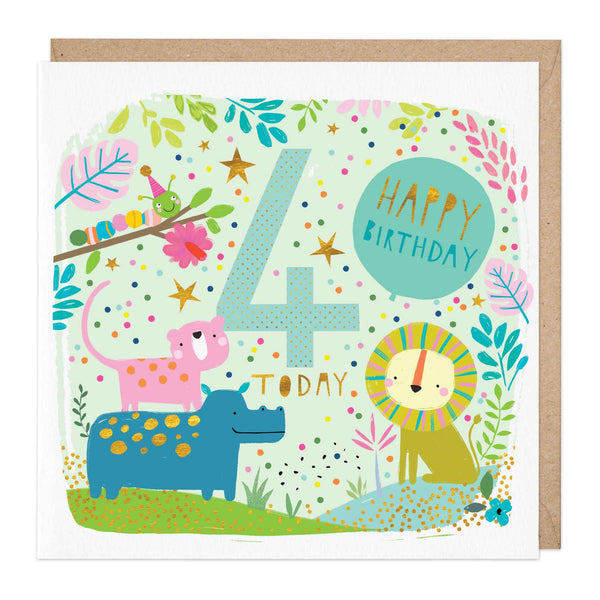 Greeting Card-E138 - Children's Fourth Birthday Animals Card-Whistlefish