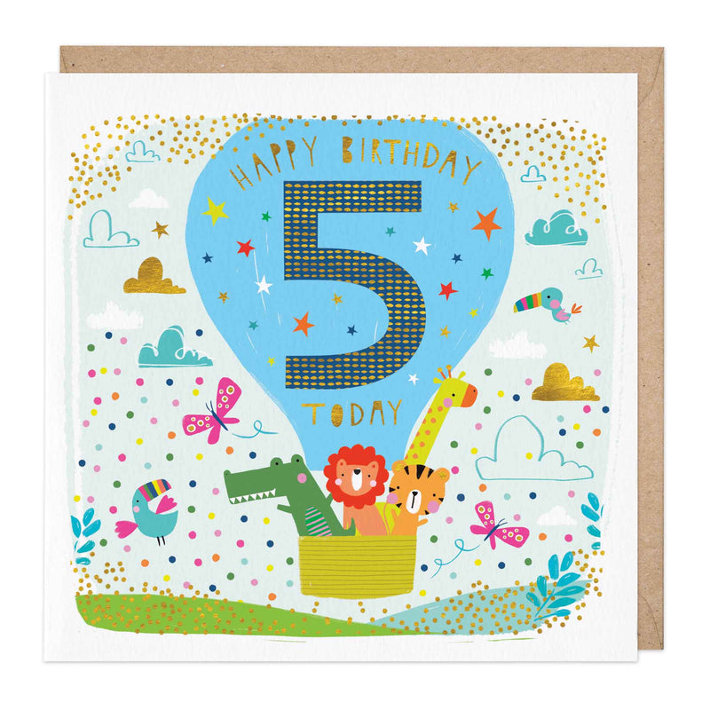 Greeting Card - E139 - Children's Fifth Birthday Animals Card - Children's Fifth Birthday Animals Card - Greetings Cards - Whistlefish