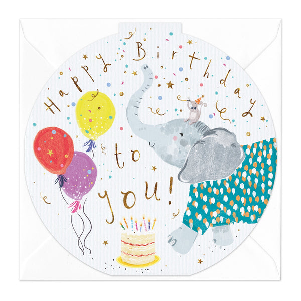 Greeting Card-E252 - Elephant Cake Birthday Round Card-Whistlefish