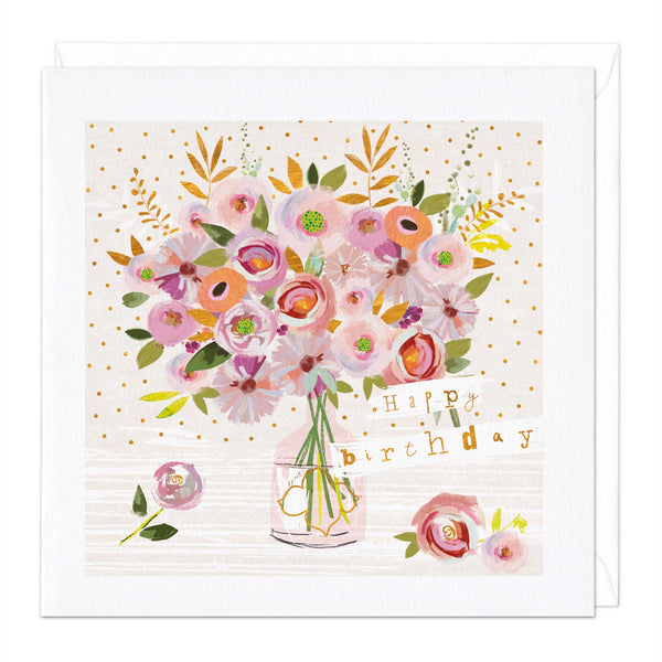 Greeting Card-E268 - Pink Flower Vase Birthday Card-Whistlefish