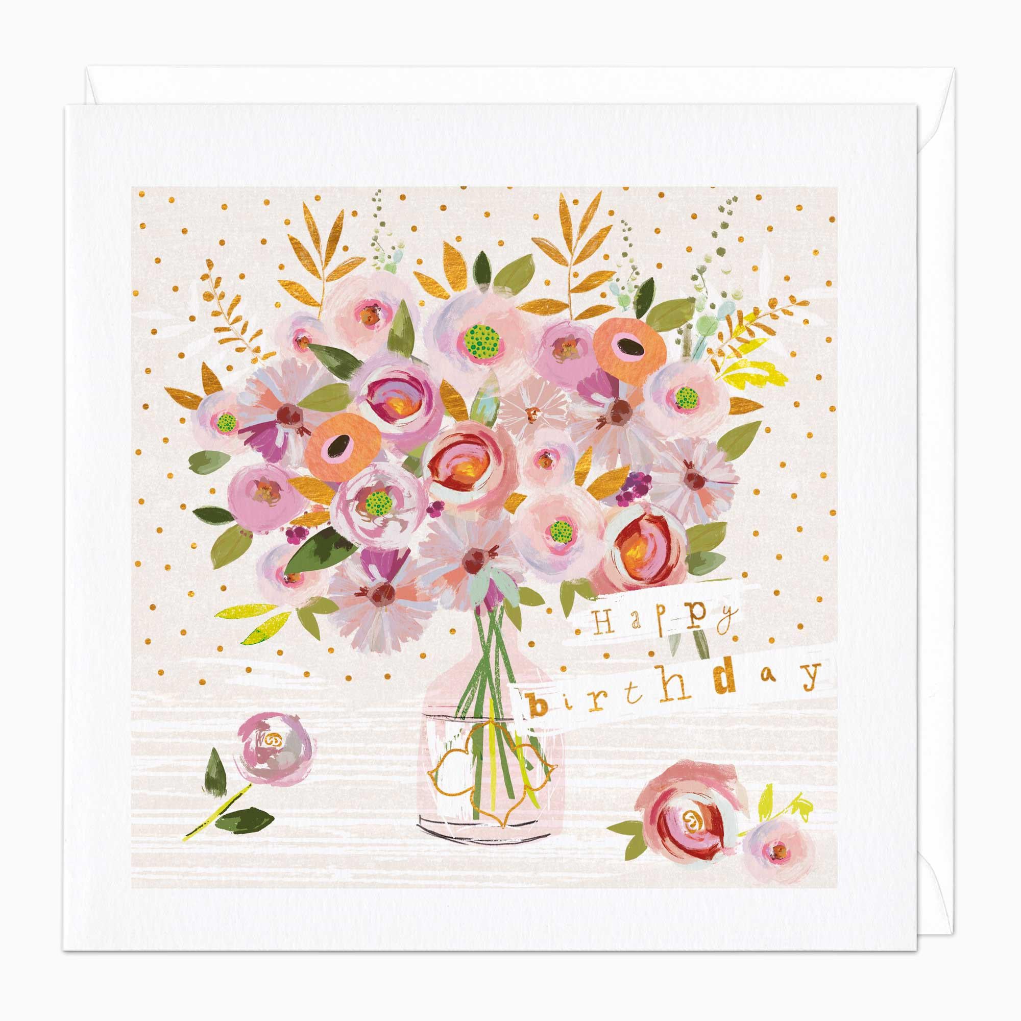 Greeting Card-E268 - Pink Flower Vase Birthday Card-Whistlefish