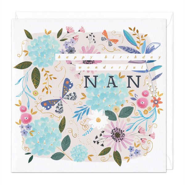 Greeting Card - E275 - Wonderful Nan flowers Birthday Card - Butterfly Nan Birthday Card - Greeting Card - Whistlefish