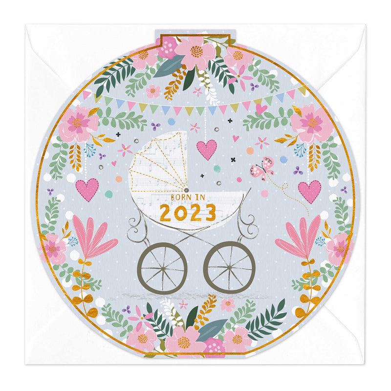 Greeting Card - E278 - Born in 2023 - Pram 2023 New Baby Round Card - Greeting Card - Whistlefish