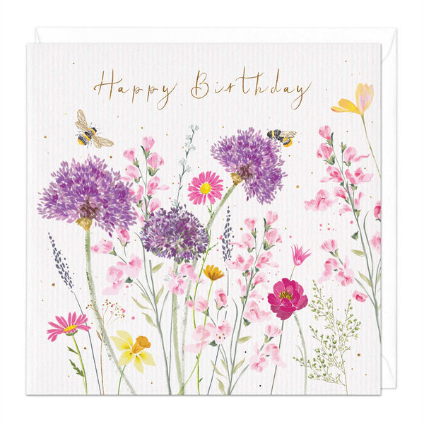 Greeting Card-E287 - Bees and Allium Floral Birthday Card-Whistlefish