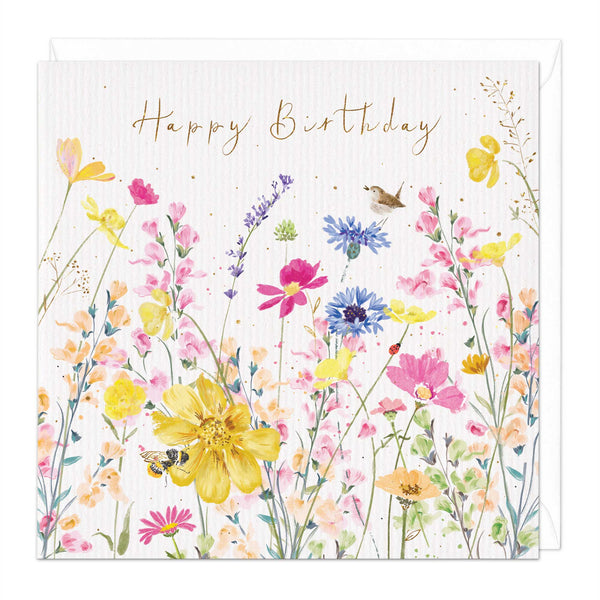 Greeting Card-E288 - Bird and Cornflowers Floral Birthday Card-Whistlefish