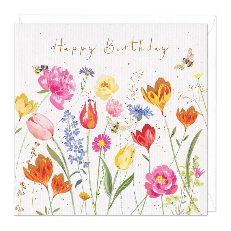 Greeting Card-E289 - Bees and Pink Cosmos Floral Birthday Card-Whistlefish
