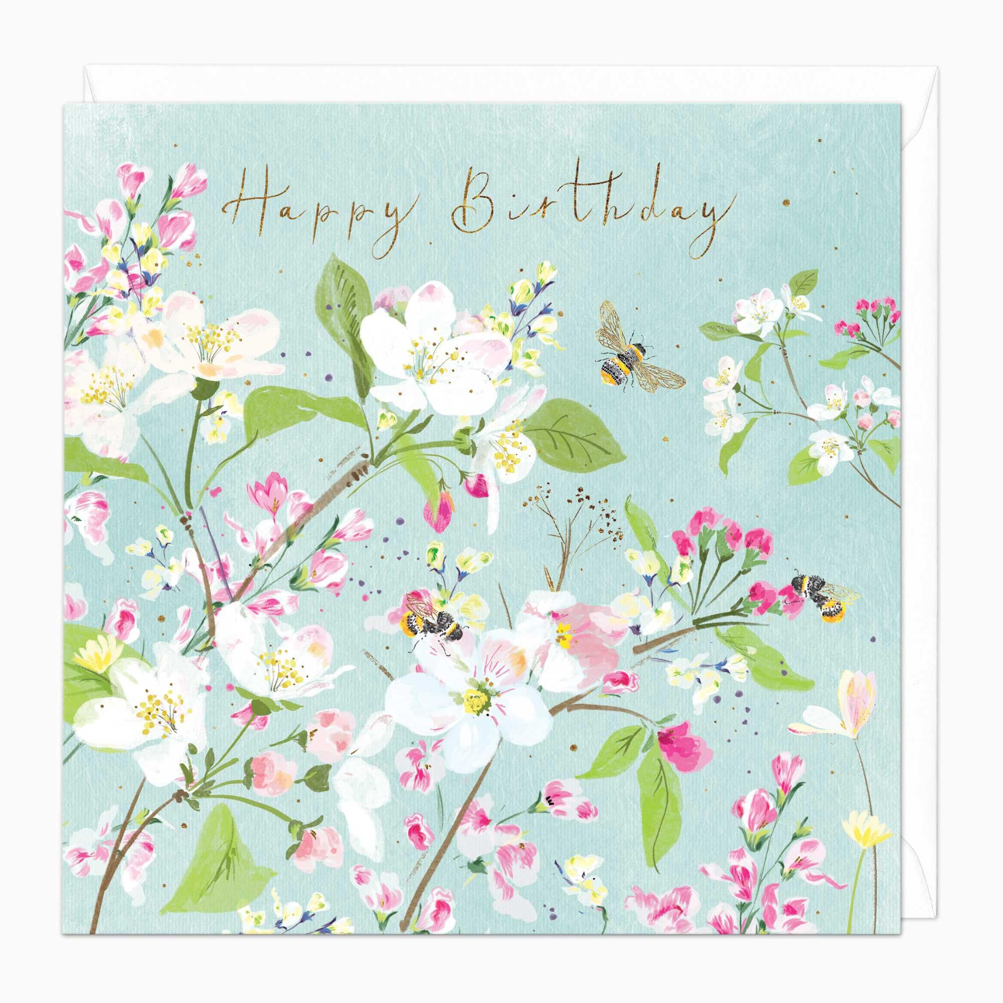 Greeting Card-E290 - Bees And Apple Blossom Floral Birthday Card-Whistlefish