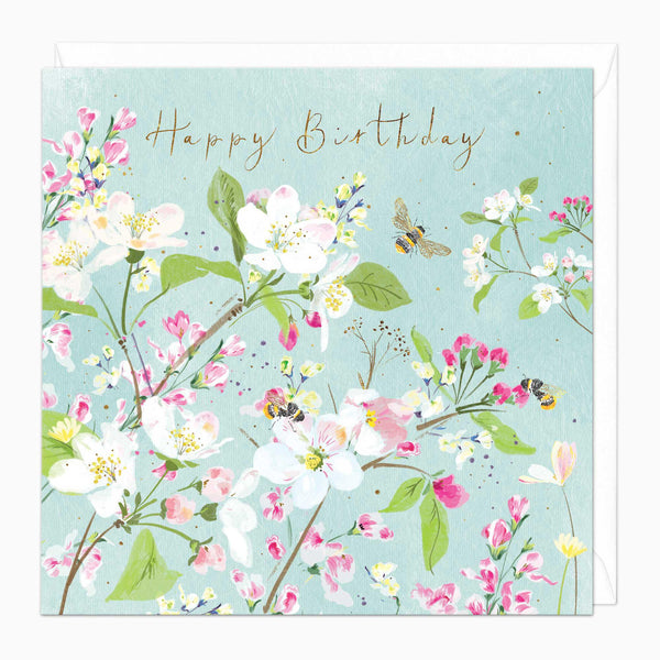 Greeting Card-E290 - Bees And Apple Blossom Floral Birthday Card-Whistlefish