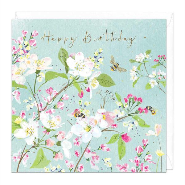 Greeting Card-E290 - Bees and Apple Blossom Floral Birthday Card-Whistlefish