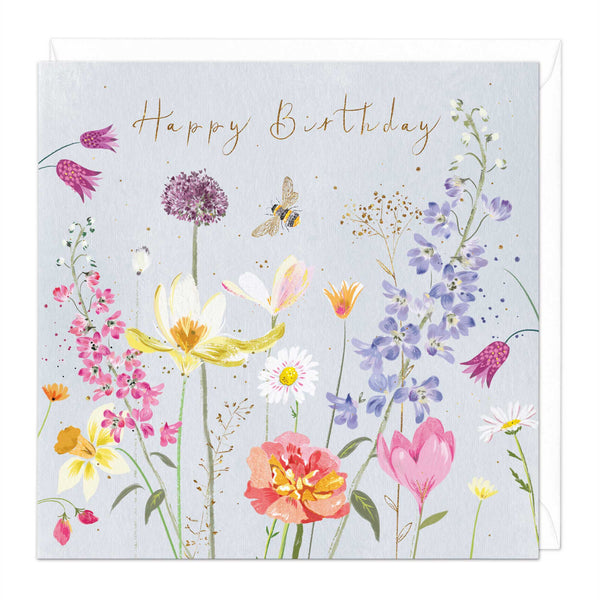 Greeting Card-E291 - Bee & Snakeshead Fritillaria Birthday Card-Whistlefish