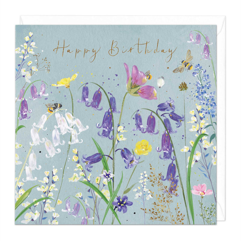 Greeting Card-E292 - Bluebells and Bees Floral Birthday Card-Whistlefish