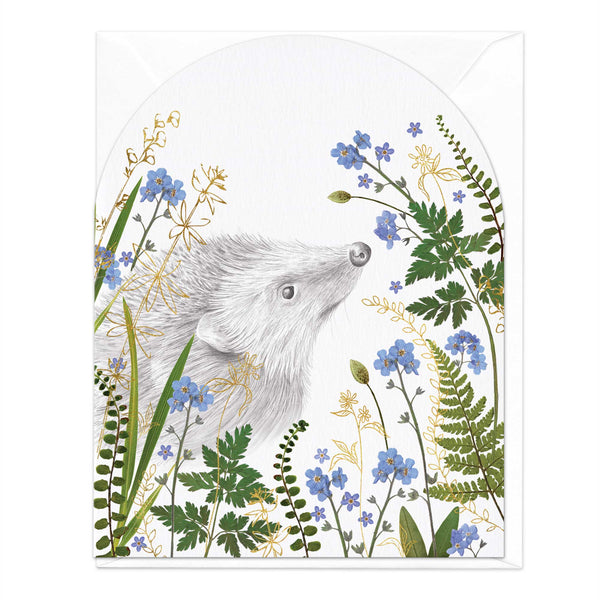 Greeting Card-E342 - Hedgehog Under Forget Me Nots Card-Whistlefish
