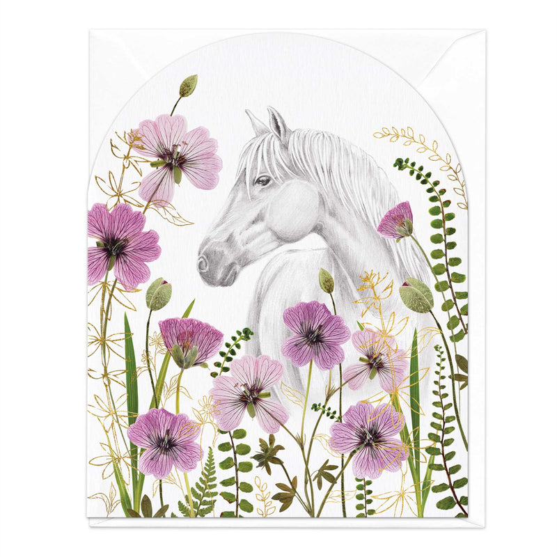 Greeting Card-E343 - Horse in Purple Geraniums Card-Whistlefish
