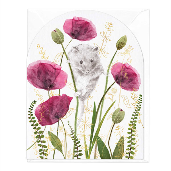 Greeting Card-E345 - Mouse in Pressed Poppies Card-Whistlefish