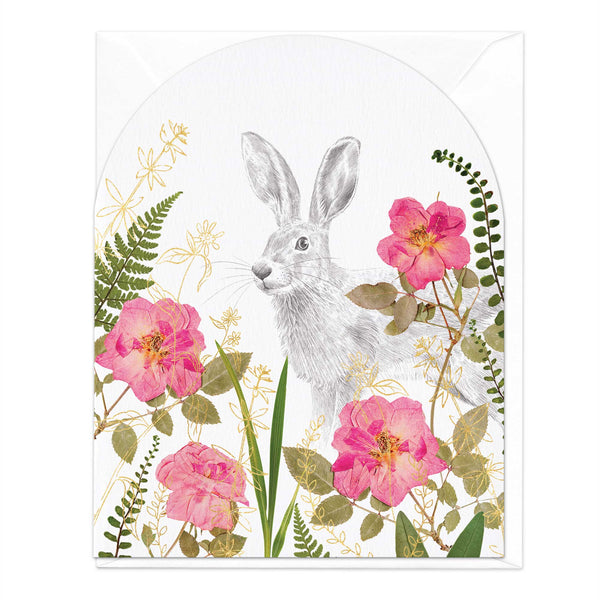 Greeting Card-E347 - Rabbit in Pressed Pink Roses Card-Whistlefish